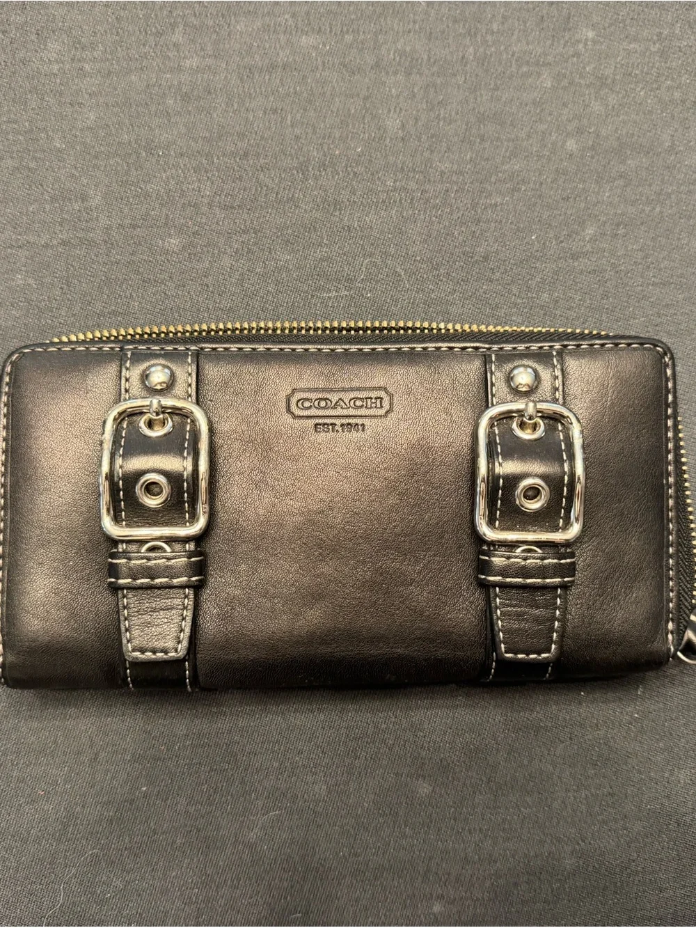 COACH Black Leather Wallet with Double Buckle Accents
